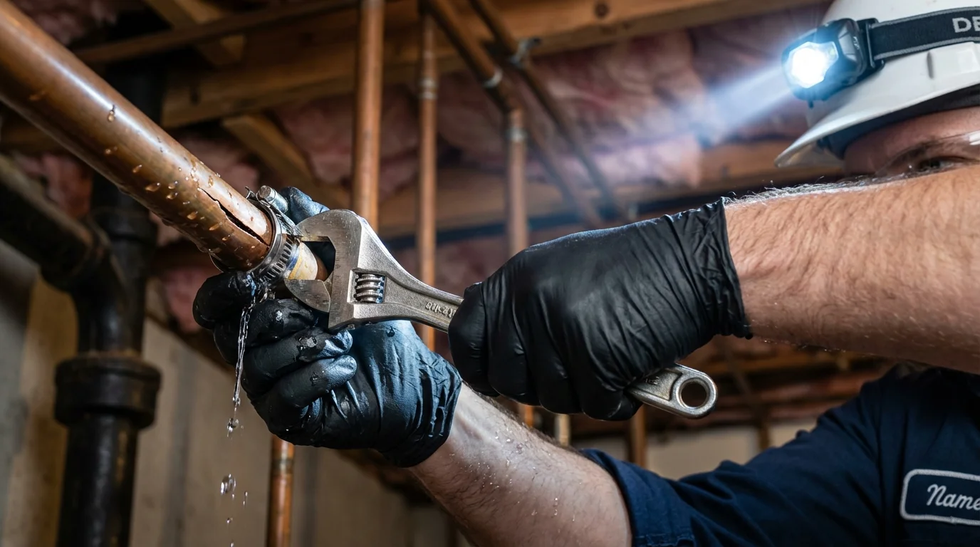 Emergency pipe clamp repair being performed by a Johns Plumbing LLC plumber in Earlington