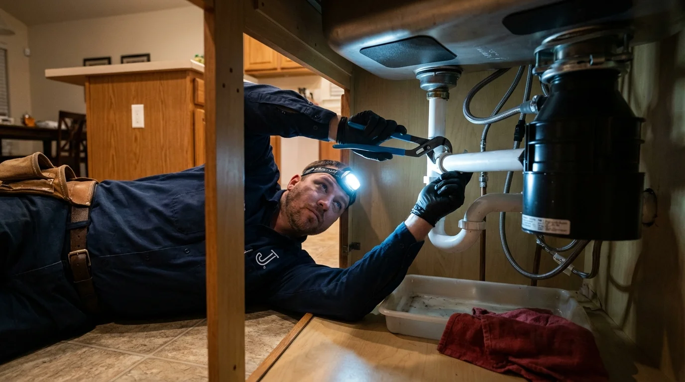 P-trap and supply line connections under a kitchen sink showing a common leak point in Earlington, KY